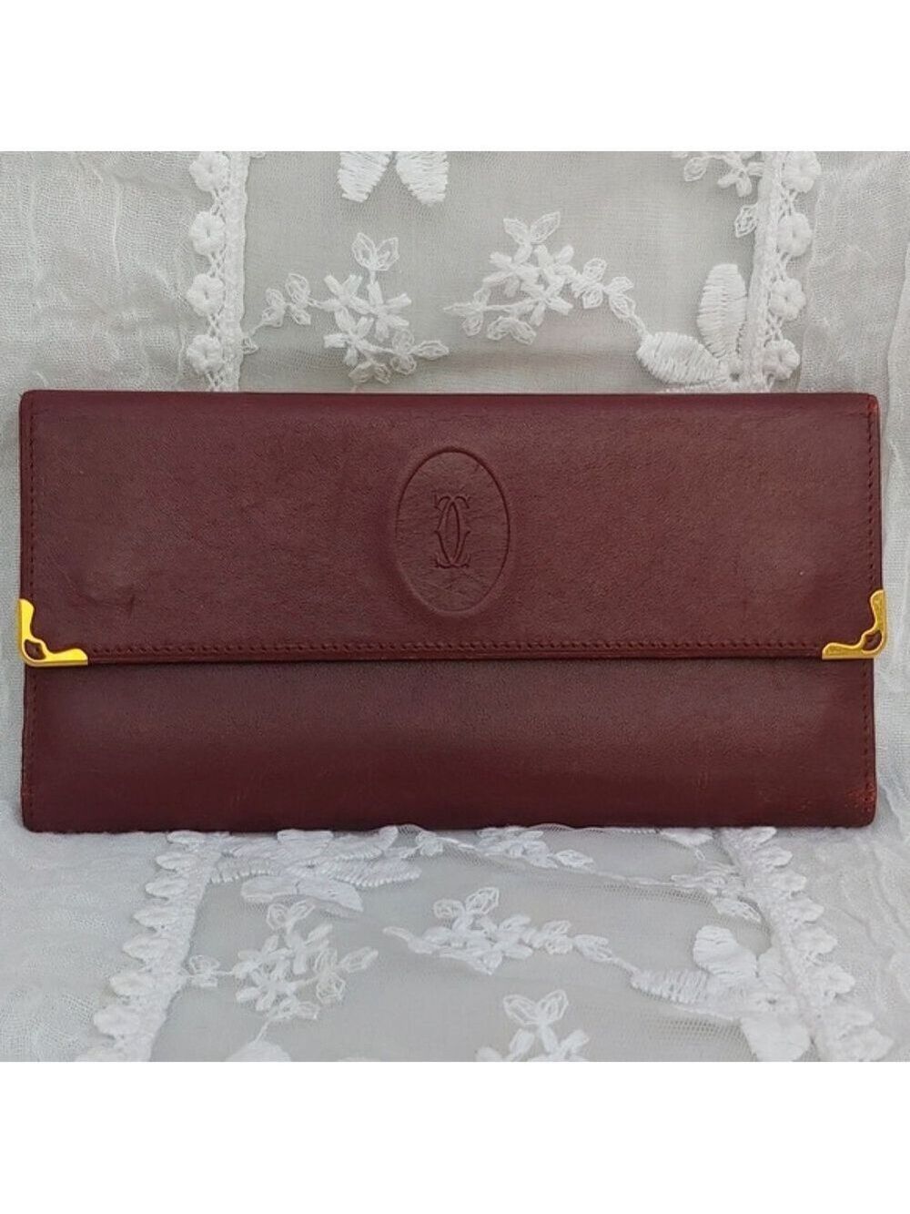 Cartier Kisslock Tri-fold Bordeaux Long Leather Wallet - Picture 3 of 17